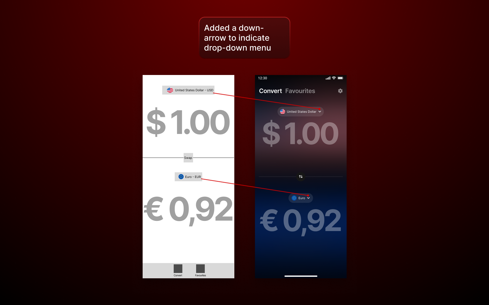 Added a down-arrow to the Convert screen to indicate drop-down menu