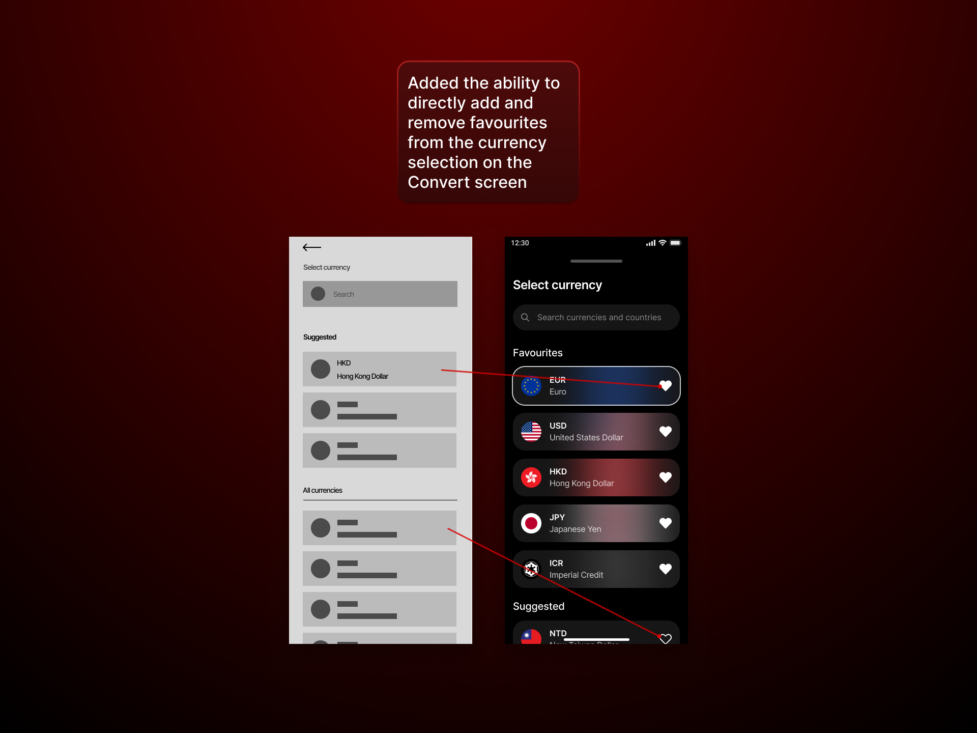 Added the ability to directly add and remove favourites from the currency selection on the Convert screen